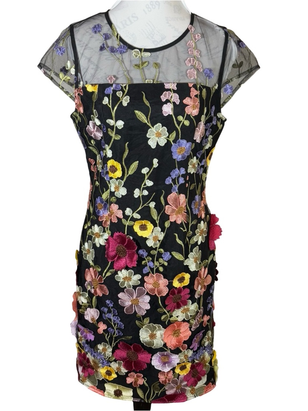 Black Floral Embroidered Mesh Dress 3D Flowers Spring Wedding Guest Dress - Picture 2 of 16